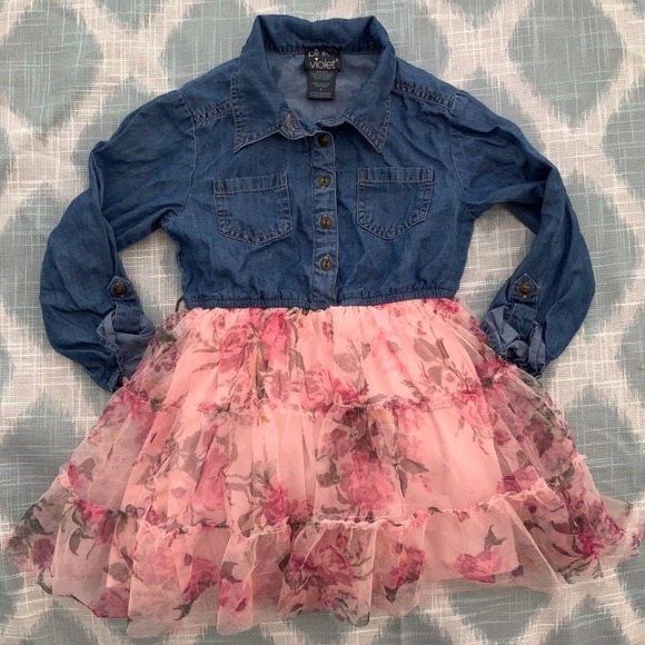 Violet Voss Other - Girls Sz 5 Pink Violet Denim‎ Dress Floral Tulle Skirt Long Sleeve Girls Size